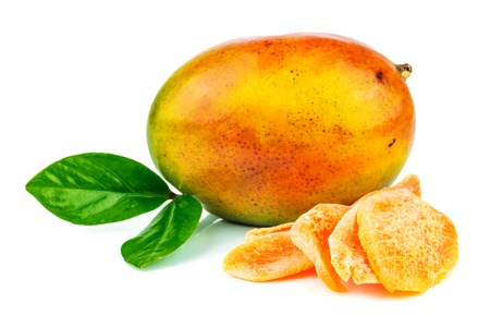 Mango fruit with candied fruits and green leaves isolated on white backgroundの写真素材