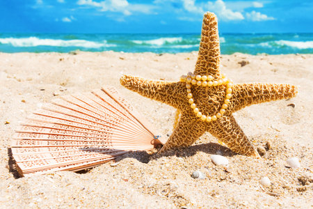 Starfish with beads from pearls and fan on sand at the beach, sea and skyの写真素材