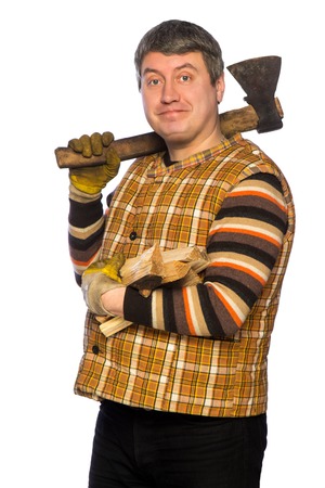 Portrait of adult happy woodcutter in studio isolated on white backgroundの写真素材