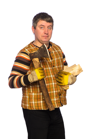 Portrait of adult serious woodcutter in studio isolated on white backgroundの写真素材