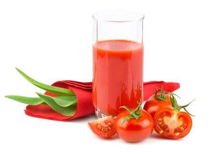 Tomato juice with slices of tomato isolated on white backgroundの写真素材