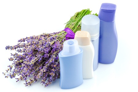 Body care products with lavender isolated on white backgroundの写真素材