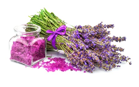 Sea salt with lavender isolated on white backgroundの写真素材