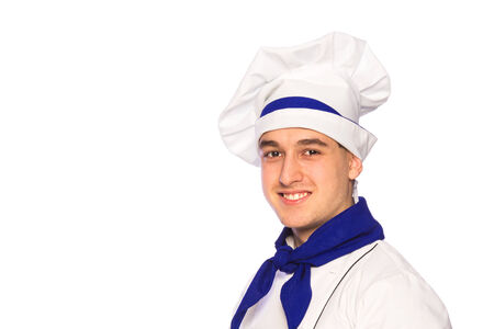 Portrait of smiling cook chef isolated on white backgroundの写真素材
