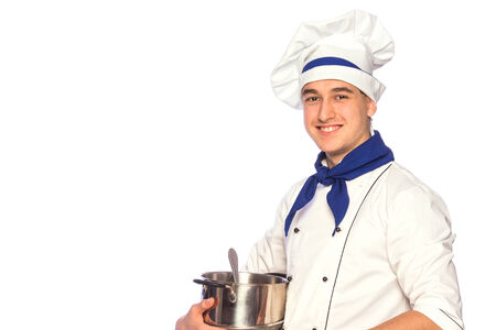 Portrait of smiling cook chef with kitchenware isolated on white backgroundの写真素材