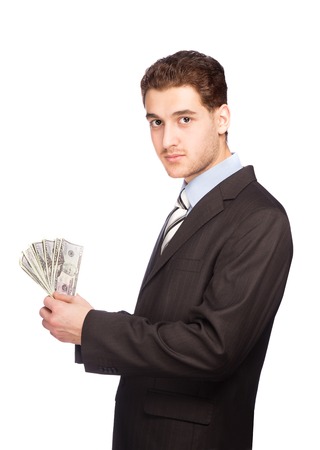 Man with money isolated on white backgroundの写真素材