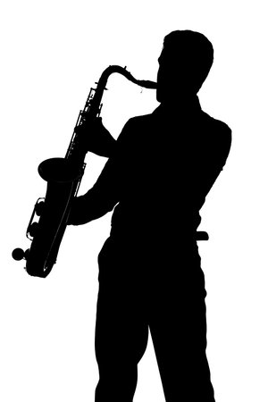 Saxophone player silhouette isolated on white backgroundの写真素材