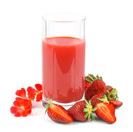 Strawberry juice in glass with fruit isolated on white backgroundの写真素材