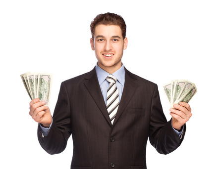 Lucky man with money isolated on white backgroundの写真素材