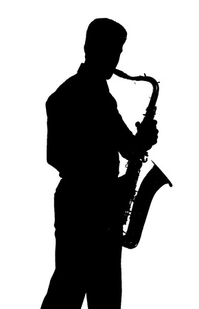 Saxophone amorous player silhouette isolated on white backgroundの写真素材