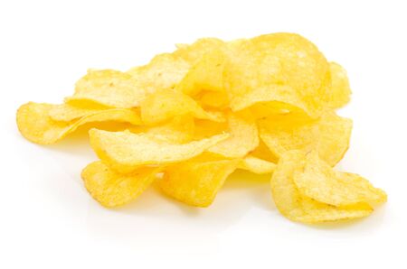 Macro view of potato chips isolated on white backgroundの写真素材