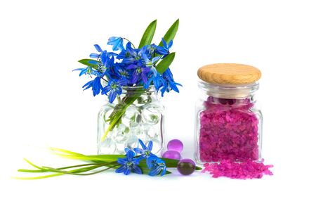 Bouquet of spring flower with lavender aroma salt isolated on white backgroundの写真素材