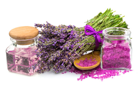Cosmetic natural product, lavender, oil, aroma salt isolated on white backgroundの写真素材