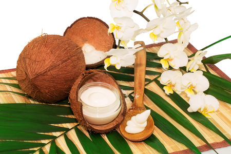 Coconut cocos with cream, wooden spoon, white orchid and green palm leaves isolated on white backgroundの写真素材