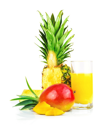 Multi fruit juice with tropical fruit isolated on white backgroundの写真素材