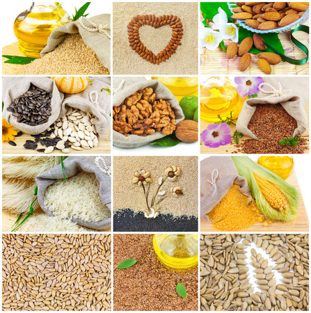 Healthy food: sesame, sunflower, pumpkin, flax seeds, vegetable oil, rise, nut, corn, collage, setの写真素材
