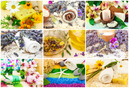 Spa set with aroma oil, sea salt, flowers, lavender, plants, towel, soap, stones, bamboo, candle, matの写真素材