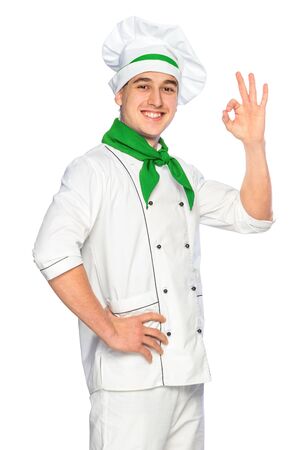 Portrait of smiling cook chef isolated on white backgroundの写真素材