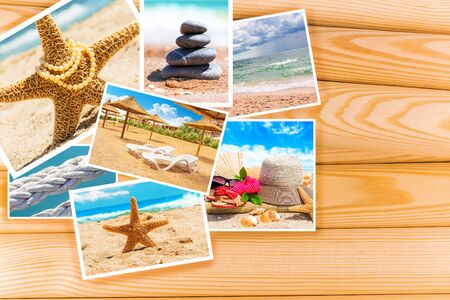 Summer sea photo card on wooden backgroundの写真素材