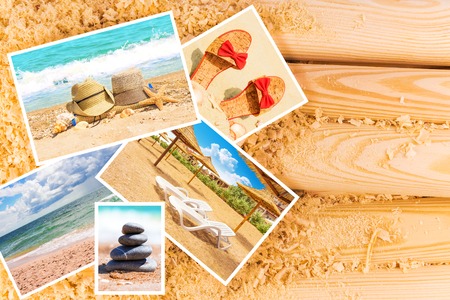 Summer sea photo card on wooden backgroundの写真素材