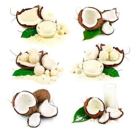 Coconut, coconut candy, cream, glass of coconut milk, green leaf isolated on white background, setの写真素材