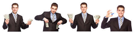 Lucky man with money, set isolated on white backgroundの写真素材