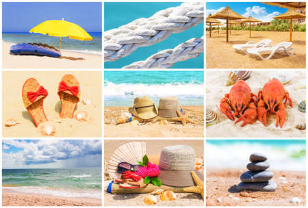 Beautiful summer beach collection from sea, beach beds, hats, flip-flops, lobsterの写真素材