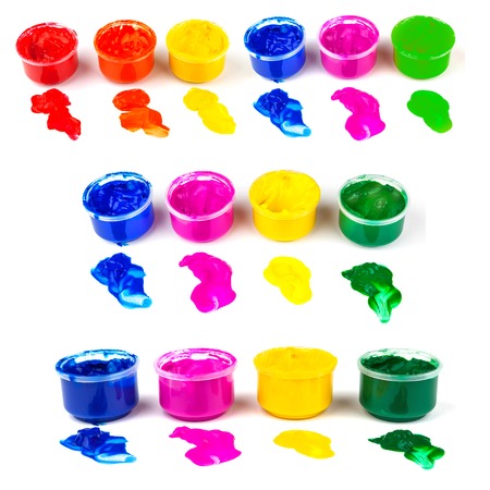 Many paint cans and color dabs of paint isolated on white background, setの写真素材