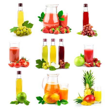 Multi fruit and vegetable juice with tropical fruit and vegetable, set isolated on white backgroundの写真素材