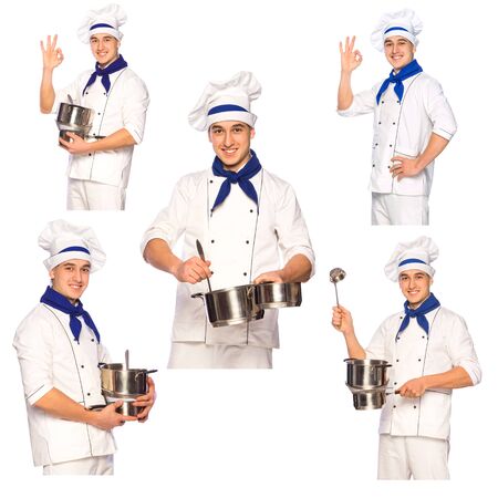Portrait of smiling cook chef with kitchenware isolated on white background, setの写真素材