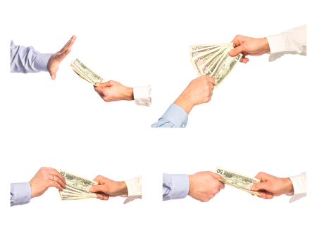 Male hands transaction took place, rejection bribe, set isolated on white backgroundの写真素材