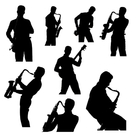 Saxophone, guitar player silhouette, set isolated on white backgroundの写真素材