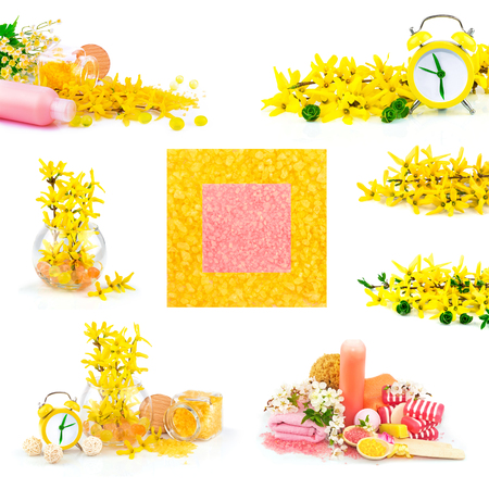 Macro view of spa product with yellow spring flowers isolated on white background, setの写真素材