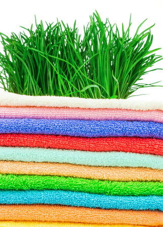 Spa concept with fresh grass and color towelsの写真素材