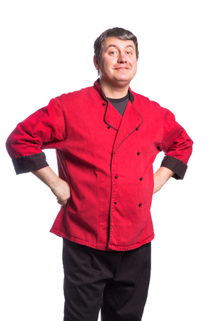 Standing man, chef, cook, butcher isolated on white backgroundの写真素材
