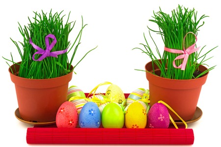 Two flowerpots with fresh grass and row of multicolor Easter eggs on the red mat isolated on white backgroundの写真素材