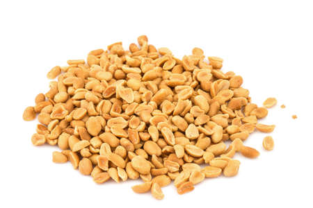 Heap of group of snack peeled salted peanut, earth nut, legume, groundnut isolated on white backgroundの写真素材