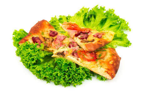 Slice of tasty pizza with salad leaves isolated on white backgroundの写真素材