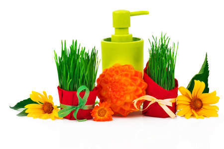 Spa beauty concept with soap, plastic bottle, fresh grass with ribbon, flowers and green leaves isolated on white background.の写真素材