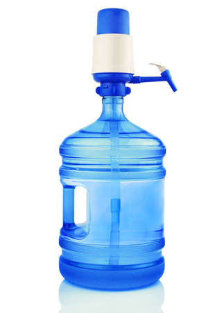 Plastic large blue bottle, gallon with drinking water and pump isolated on white backgroundの写真素材
