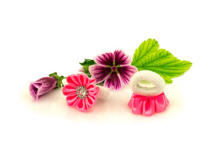 Barrette with pink ribbon and elastic, natural purple flowers and green leaf isolated on white background.の写真素材