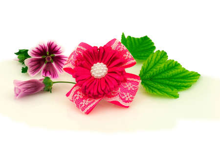 Barrette with elastic and pink ribbon, natural purple flowers and green leaf isolated on white background.の写真素材