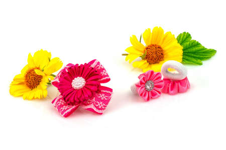 Barrette with pink ribbon and elastic, natural yellow flowers and green leaf isolated on white background.の写真素材