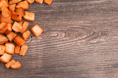 Top view at fresh crispy croutons of white bread. Close up view.の写真素材