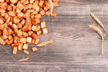 Top view at fresh crispy croutons of white bread. Close up view.の写真素材