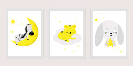 A set of cute postcards, prints for a child's nursery, including the moon, clouds, star, zebra, hare, tiger cub. Flat vector illustration for invitations, greeting cards, posters, covers, etc.のイラスト素材