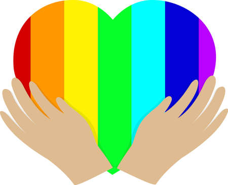 The hands hold the heart with rainbow coloring, Template, LGBT symbolism, icon. gay pride. Rainbow. Flat Vector Design Isolated on White Background. Flat vector illustration.のイラスト素材