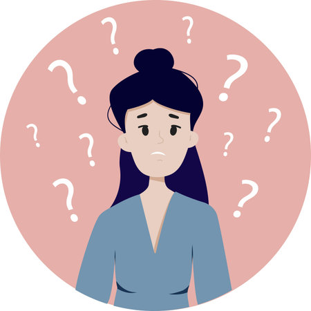 The concept of mental health, introspection - a woman asks herself questions, reflection. Vector illustration in a flat styleのイラスト素材