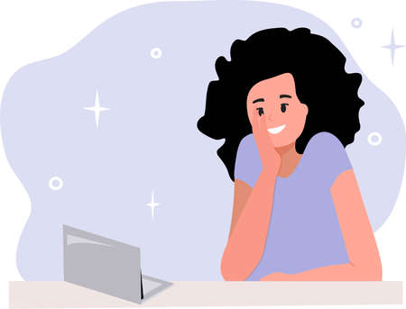Portrait of a cheerful young cute girl with a digital tablet at the table. The concept of virtual communication, video communication. Flat cartoon style vector illustrationのイラスト素材