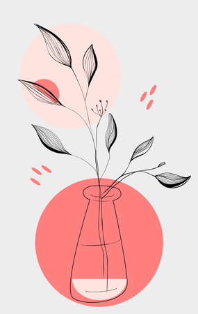 Abstract vector wall art design with twigs in a vase hand-drawn lines in a trendy color. Contemporary art, isolated poster collage, social media, stories, fashion style, hand-painted frames.のイラスト素材